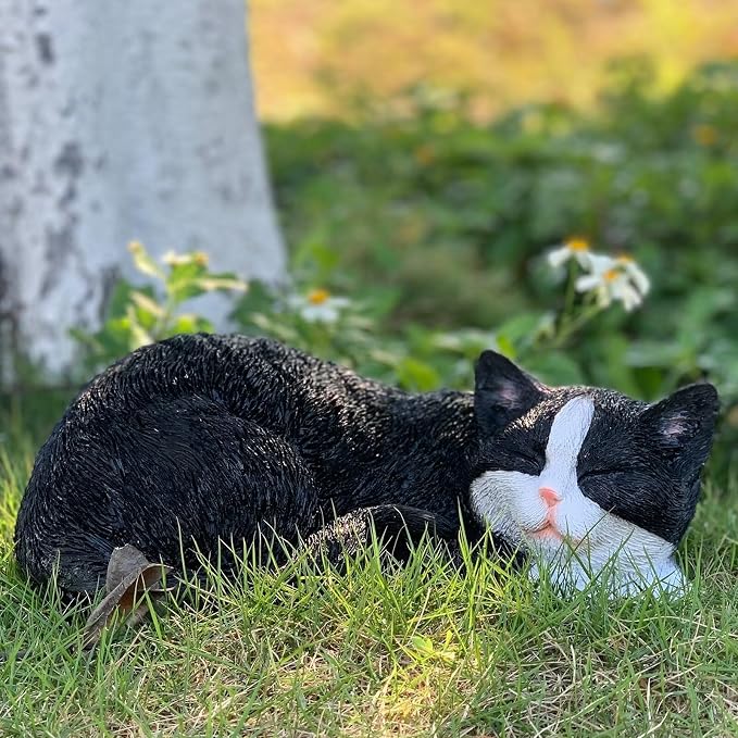 Cat Statue Outdoor Cat Figurines Garden Decor, Tuxedo Cats Black Tabby Statue Figurine Decor Sculpture for Patio, Yard, Sleeping Tabby Statues for Indoor Table Accessory, Gift for Mom