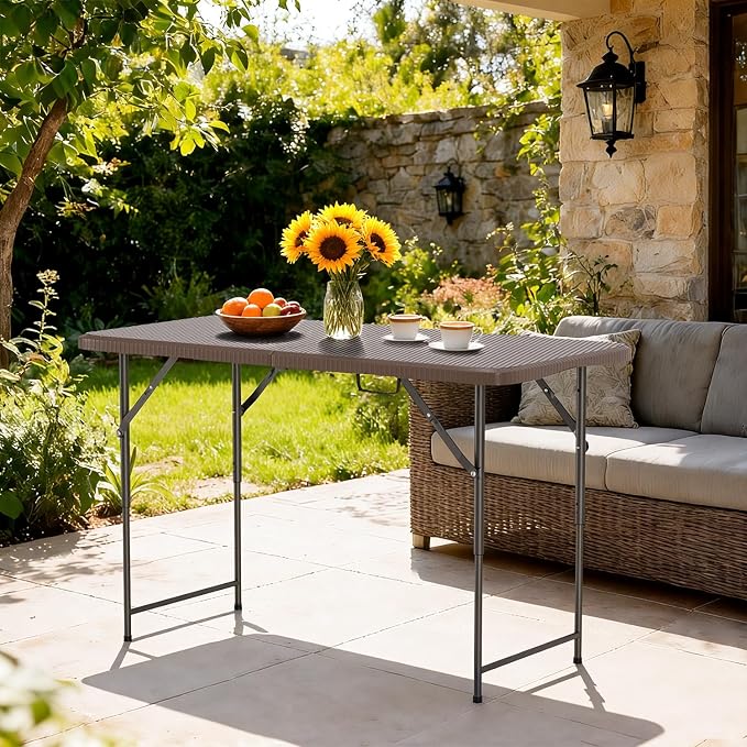 FDW 4FT Folding Table Half Portable Foldable Table Picnic Table for Office Home Camping Party (Brown Ratten)