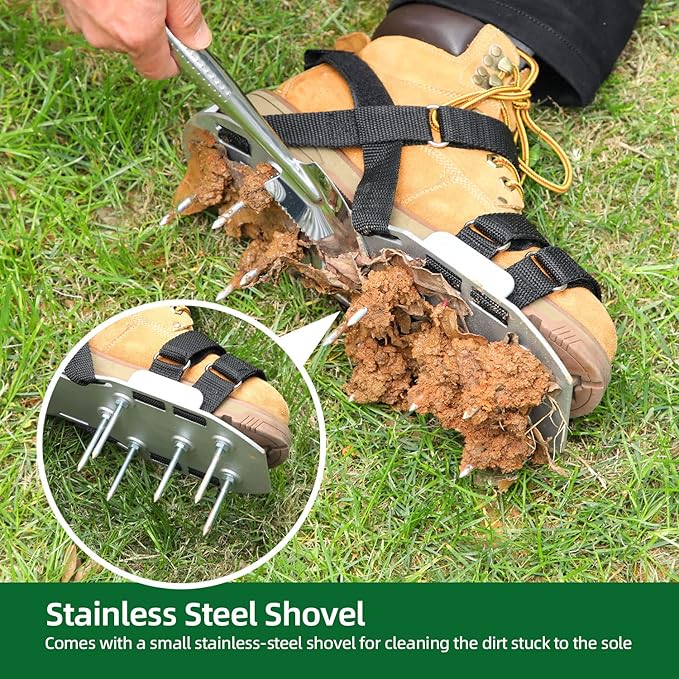 Ohuhu Lawn Aerator Shoes for Glass: Free-Installation Aeration Shoes with Stainless Steel Shovel, Heavy Duty Spike Aerating Sandals Lawn Equipment Tool (Aluminum)