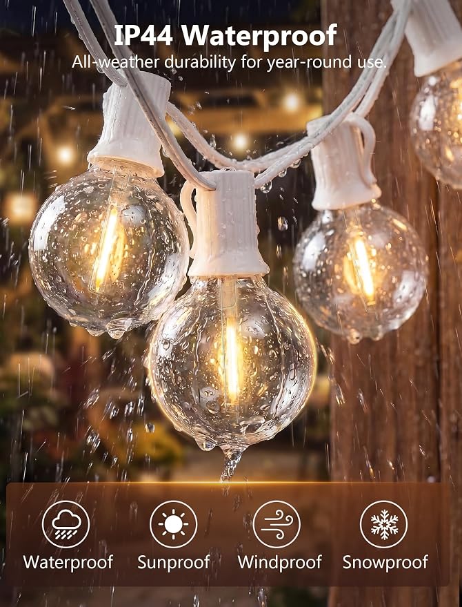 25Ft LED Outdoor String Lights, G40 Globe Patio String Lights Waterproof with 27 Shatterproof Bulbs, Hanging Outdoor Lights for Backyard Garden Bistro Wedding Party Christmas Decorations, White