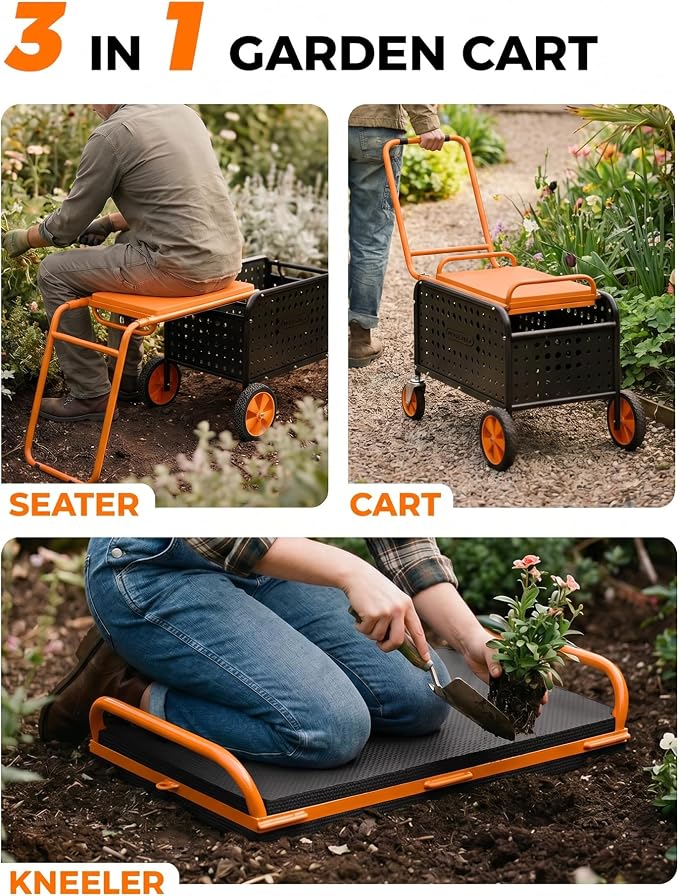 Rolling Garden Work Seat with Wheels, Upgraded Heavy Duty Cart for Seniors with Rotatable 360-Degree Wheels and Extended Handle, Garden Seat for Lawn, Patio & Backyard Gardening, Orange