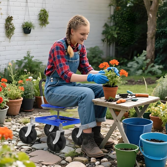 360° Swivel Garden Rolling Seat, Gardening Stool for Planting, Height Adjustable (51-61cm) Garden Work Seat with Tool Tray & Foldable Backrest, 150kg Load for Gardening & Garage Work Blue