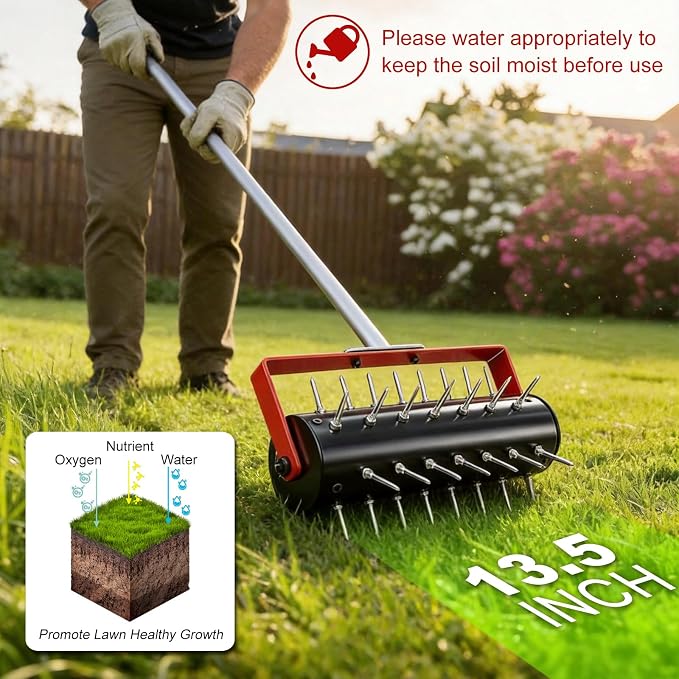 Rolling Lawn Aerator Tool Heavy Duty Manual Push Aerator Lawn Tool with 42 Spikes Lawn Aerator Spike Tool Soil Penetrator Push Lawn Aeration (70in)