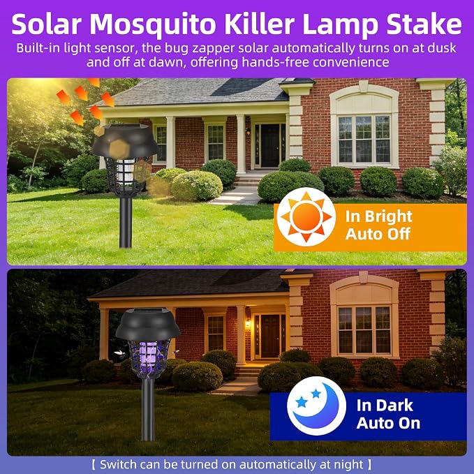 Solar Bug Zapper Outdoor Waterproof Mosquito Zapper Repellent Outdoor Patio,Auto On/Off Purple or White Light, Solar Powered Gnat Flying Insect Bug Zappers for Yard, Garden, Backyard, Pathway