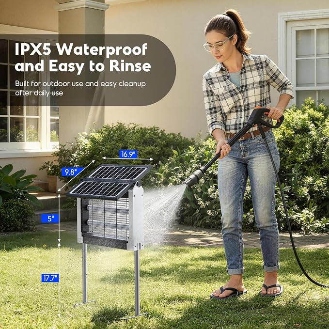 Solar Bug Zapper Outdoor, 4500V Electric Mosquito Zapper with Dual Solar Panels & USB Charging, Auto On/Off Mosquito Killer, IPX5 Waterproof Fly Trap for Backyard Patio Garden Camping, 1 Acre