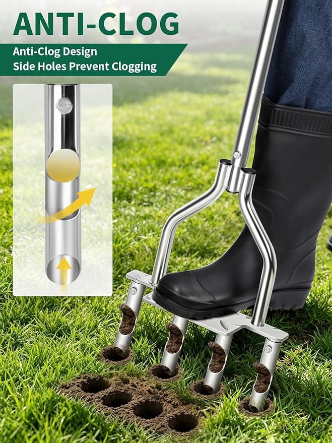 Lawn Aerator Tool, Manual Core Plug Aerator with 4 Tines, Yard and Grass Aerator with Extra Wide Foot Plate, Adjustable 36”–39”, Heavy Duty Galvanized Steel for Compacted Soil
