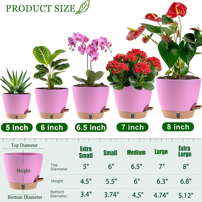 Self Watering Pots for Inoor Ourdoor Plants 8/7/6.5/6/5 Inch Plastic Planters with Drainage Holes & Water Level Indicator, Decorative House Flower Nursery Planting Pots with Saucers (Dusty Rose/Pink)