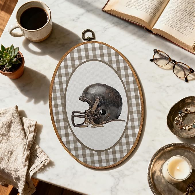 DOFQZ Vintage Football Oval Wall Art Decor, Sports Nursery Framed Wall Art, Boho Plaid Football Helmet Walls Hanging Decor for Boys Room Bedroom Playroom Sports Room, 8.5x11.5 Inch