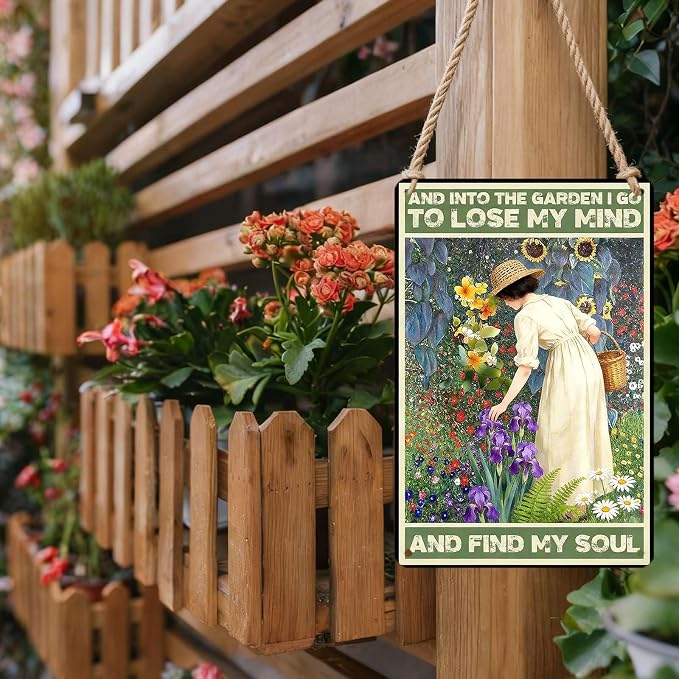 PEACHGARDEN Garden Signs and Into The Garden I Go Women's Gardening Gift Metal Sign Yard Wall Art Decor for Patio Porch Backyard 8x12 inch