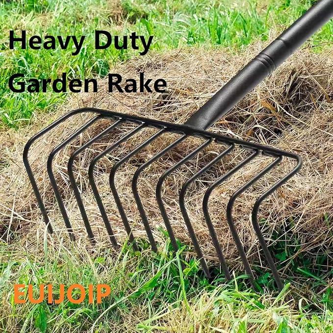 Bow Rake, Heavy Duty 16-Inch Metal Garden Rake with 72-Inch Long Handle & 11 Steel Tines – Durable Landscape Rake for Moving Soil, Gravel, Mulch, Thatch, Leaves, Hay, and Yard Debris