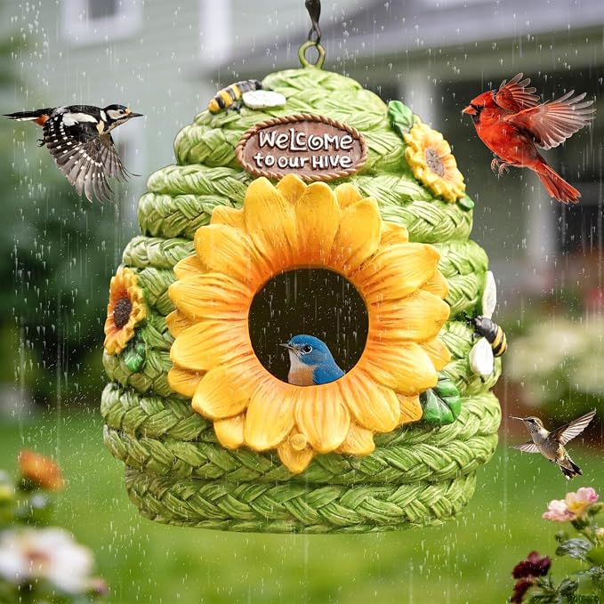 Bird Houses for Outside Green Cottage Resin Birdhouse, Garden Outdoor Decor Bird House with Sunflower and Bees, Birdhouses for Outdoors for Bluebird Finches Cardinals