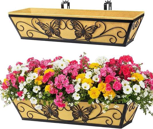 2 Pack 24 Inch Window Boxes Planter Railing Planters Box with Adjustable Brackets for Porch Deck Balcony Hanging Butterfly Decorative Flower Baskets & Non-Woven Fabric Liner for Outdoor Plants - Black