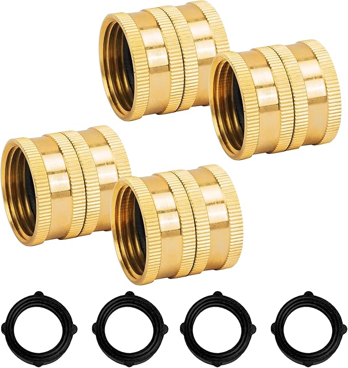Hourleey Garden Hose Adapter, 3/4 Inch Solid Brass Hose Connectors, 4 Pack Hose Connector with 4 Extra Washers (Female to Female)