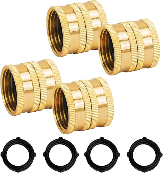 Hourleey Garden Hose Adapter, 3/4 Inch Solid Brass Hose Connectors, 4 Pack Hose Connector with 4 Extra Washers (Female to Female)