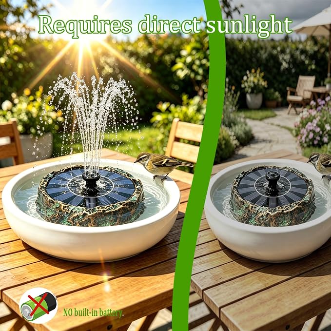 Solar Bird Bath Fountain,Premium Plastic Faux Stone Water Fountain Pump with 6 Nozzles,Eco-Friendly Direct-Drive Floating Water Feature for Birdbath,Garden,Patio,Small Pond Decoration 7.8" Bronze