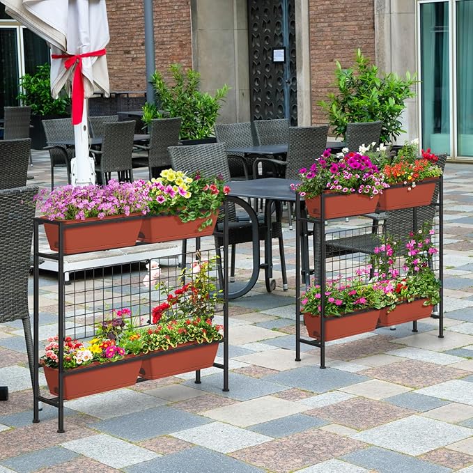 OYEAL Raised Garden Beds with Legs & Trellis, 32" Tall Herb Garden Planters for Indoor/Outdoor Plants, Vertical Elevated Flower Box for Backyard, Porch, Patio, Balcony, Red