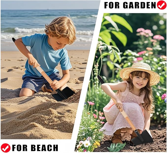 Kids Rake and Shovel Set, 4Pcs Garden Tools Metal Head with Wooden Handle, Great Gardening Gifts for Boys Girls Age 3 and Up