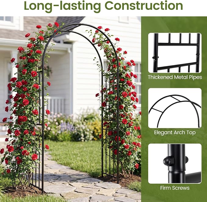 Giantex Garden Arch Outdoor Metal Arbor Trellis, 86'' Heavy Duty Steel Pergola Arch with Ground Stakes for Climbing Plants, Wedding, Party & Backyard Decoration (1 Pack)