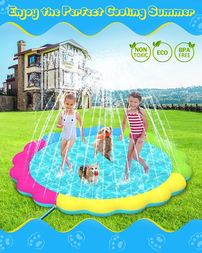 Raxurt Splash Pad, 75in Anti-Slip Splash Pad for Kids Dogs Thickened Durable Bath Pool Pet Summer Outdoor WaterToys Backyard Fountain Play Mat, Colorful