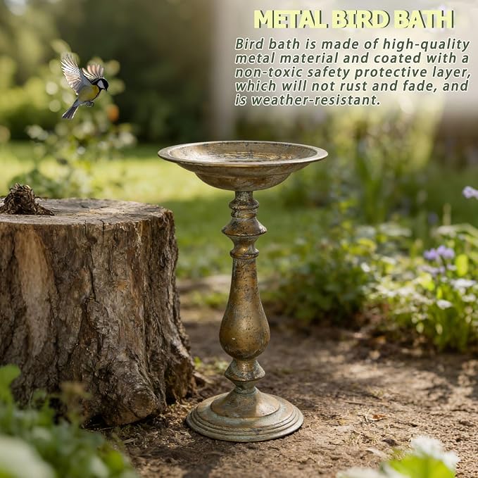 19”H Antique Pedestal Bird Bath, Bird Baths for Outdoors, Hand-Crafted Metal Bird Bath Bird Feeder Seed Tray for Garden Yard Decor.