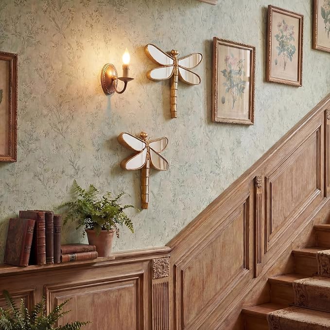 Sliner 2 Pcs Gold Resin Dragonfly Mirror Wall Decor, Aesthetic Glass Insect Wall Art, Vintage Cottagecore Decorative Mirrors for Home Nursery Garden, Elegant Nature Gift for Summer Wedding