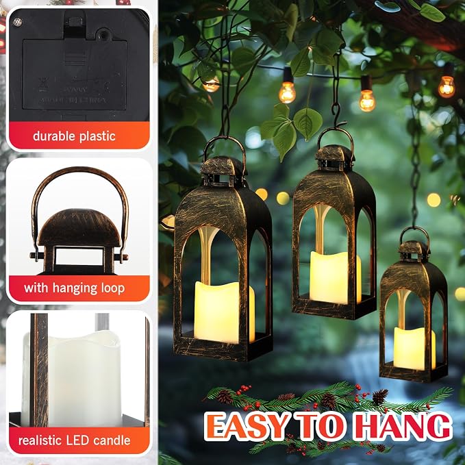 Tujoe 8 Pcs 10 Inch Decorative Candle Lantern Bulk for Wedding Centerpieces Lanterns with LED Flameless Candle Indoor Outdoor Hanging Lights for Wedding Party, Battery Included (Dark Bronze)