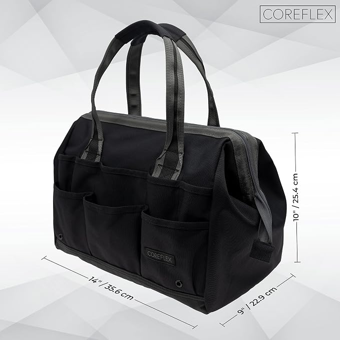 Coreflex 14 inch Wide-Mouth Tool Bag, Gear Bag, Multiple Purpose - for Plumbers, Electricians, Handymen also good for daily use, office use and camping. (Black)