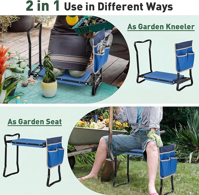 Giantex Garden Kneeler & Seat, Folding Gardening Stool, Portable Garden Bench with EVA Foam Pad, Heavy-Duty Metal Frame, Gardening Tool for Women Men Seniors, Holds 330 LBS, Blue (with 1 Bags)