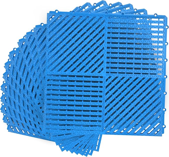 MYFAMIREA Modular Interlocking Cushion 12 Pack 11.8" x 11.8" Rubber Floor Tiles Non-Slip Splicing Drainage Mats for Deck, Pool, Shower, Patio, Balcony, Bathroom, Kitchen, Yard (Diagonal, Blue)