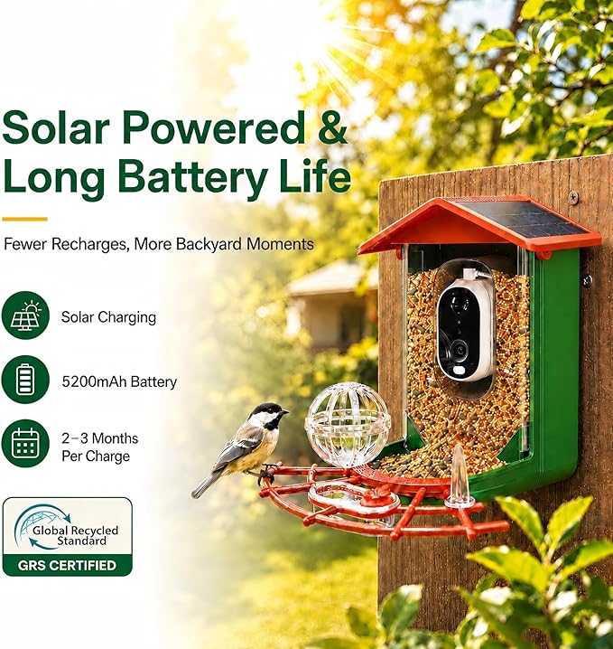Bird Feeder with Camera, 2K HD 147° Wide Angle, Live View, Solar Powered, IP65 Outdoor, 2.4GHz Wi-Fi, Night Vision, Motion Alerts, Local Storage, AI Bird ID 10,000+ Species, Family Sharing