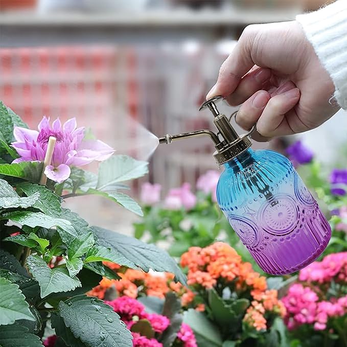 Glass Plant Mister Spray Bottle, 350ML Vintage Plant Spritzer with Top Pump Watering Can for Indoor Outdoor House Plants,Flowers (Blue Purple)