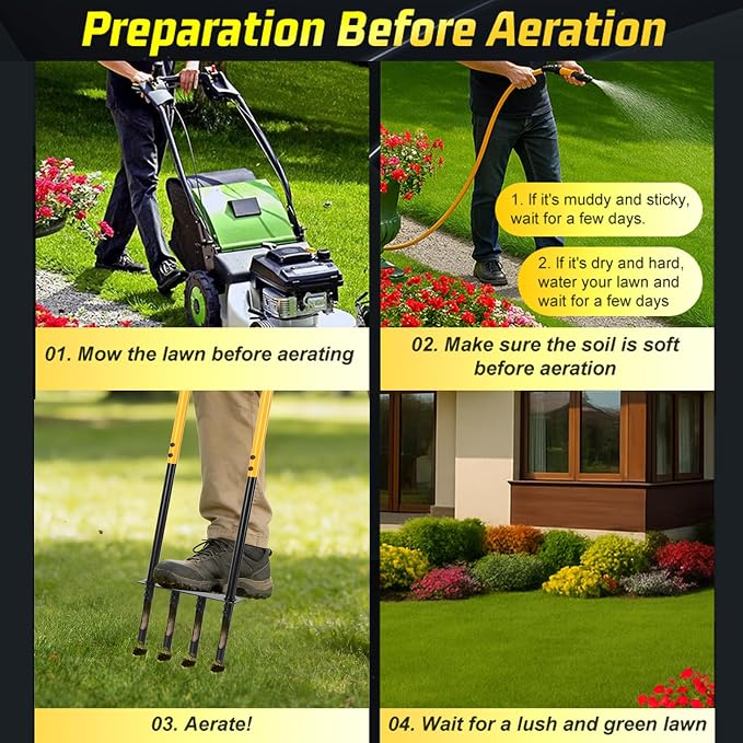 Knee-Friendly Manual Lawn Aerator Tool, 42.6-45 Inch Adjustable Height Core Aerator for Grass, Pre-Assembled Yard Aeration Tool with 4 Hollow Tines for Lawn Care and Compacted Soil