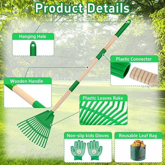 2 Pack Kids Adjustable Leaf Rake Set – 28" to 34" with Detachable Wooden Handles, Lightweight Plastic Head, Designed for Kids, Includes 2 Pairs of Gloves & Leaf Bag (Green)