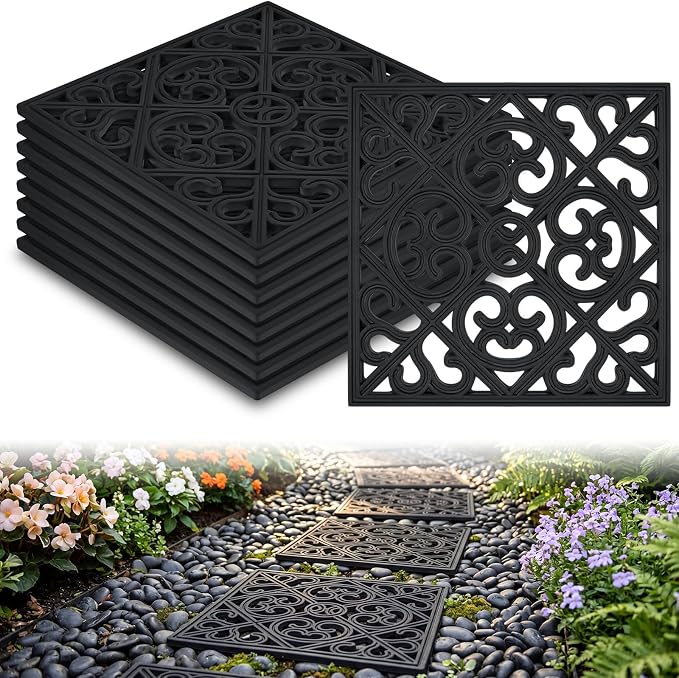 Pangda 8 Pcs Rubber Stepping Stones Outdoor Garden Walkway, 12 x 12 Inch Heavy Duty Pathway Pavers Retro Decorative Stepping Stones for Outside Landscaping Yard Lawn Path(Black,Cross Square)