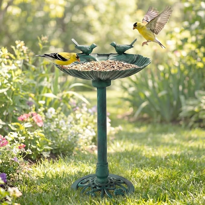 VINGLI Pedestal Bird Bath, Resin Birdbaths Weather Resistant Floral Accents and Vintage Finish Garden Decor for Outdoor Lightweight Courtyard (Green-Shell-Shaped with Solar Pump)