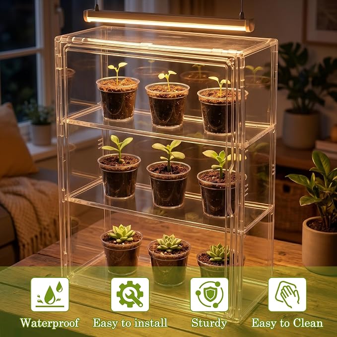 Klmnop Clear Mini Greenhouse for Indoor, Small Green House with Magnetic Waterproof Door for Small Plants & Germination, Stackable Tabletop Greenhouse for Windowsill or Home, 14.2"x10.6"x5.5"