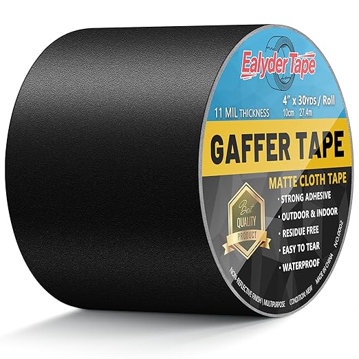 Black Gaffers Tape 4 Inch x 30 Yards - Heavy Duty, Waterproof, No Residue, Non-Reflective, Easy Tear Gaffers Stage Tape - Multipurpose