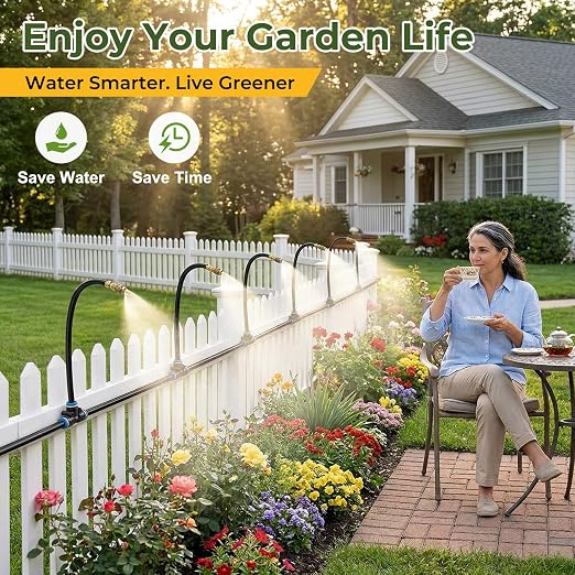 50FT Drip Irrigation Kit, 360° Adjustable Garden Watering System with 1/4" Tubing, Brass Misting Nozzles, DIY Irrigation System for Plants, Raised Beds, Greenhouse