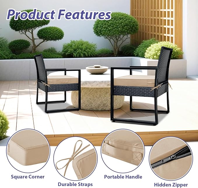 IPYNBAP Outdoor Chair Cushions Set of 4 -Waterproof Outdoor Seat Cushions for Patio Furniture, Patio Chair Cushion with Handle and Ties, Out Door Chair Pads,17x16x2-Square,Beige