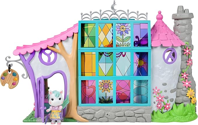 Sunny Days Entertainment Honey Bee Acres Rainbow Ridge Sunburst Art Studio – 50 Furniture Accessories with Exclusive Unicorn Figure | Light Up Dollhouse Playset | Pink Pretend Play Toys for Kids