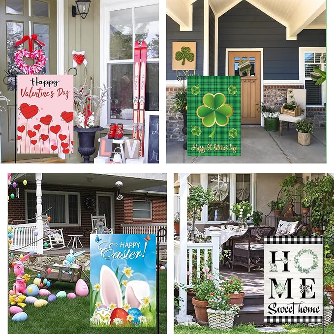 Seasonal Garden Flags set of 12 Double Sided, Yard Flags for Outside 12x18 Inch for Christmas Halloween Easter Valentine's St Patrick's 4th of July Spring Summer Fall Winter, All Seasons Garden Decor
