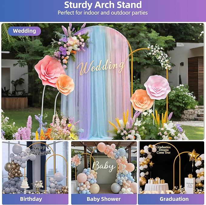 Hemmotop Arch Backdrop Stand Set of 2, 7.2ft & 6ft Metal Arch Frame with Ground Stakes for Party, Ceremony, Bridal Shower, Birthday, Photo Booth, Garden Decoration, Baby Shower