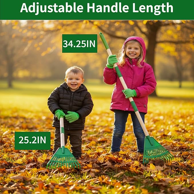 Kids' Leaf Rakes, Small Children's Lawn and Garden Tools, Toddler Yard Tool Set, 2 Pcs 35'' Plastic Head Leaf Rake with 2 Pairs of Gloves, Adjustable Wooden Handle , Safe for Boys and Girls