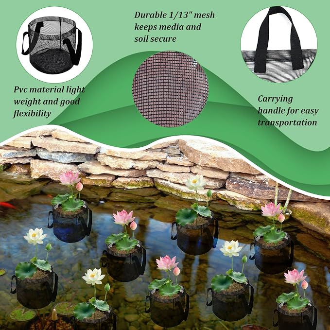 6PCS Mesh Aquatic Pond Plant Baskets, 2 Gallon Round Pond Planting Bags Aquatics Planter Pot Water Lily Growing Container with Handles for Lotus Bog Plant Garden Terrestrial Plants, 7.9" H x 7.9" Dia