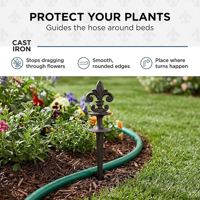 Lulu Decor, Antique Black Cast Iron Garden Fleur de lis Hose Guides, Set of 2. Strong and Decorative Hose Guide that Protects Your Plants and Provides Elegance to Your Garden