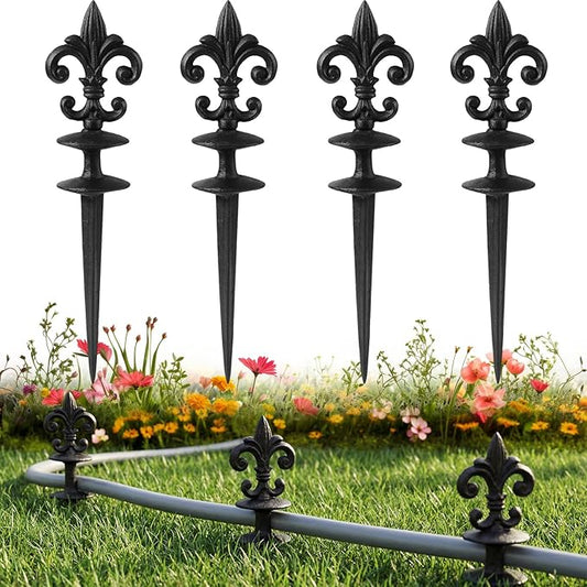 4 Pcs Antique Garden Hose Guide Spike, 13.7" Fleur De Lis Decorative Cast Iron Finial Stakes Heavy Duty Metal Plant Saver Tools Outdoor Hose Protection for Lawn Yard Patio(Black,Single Style)