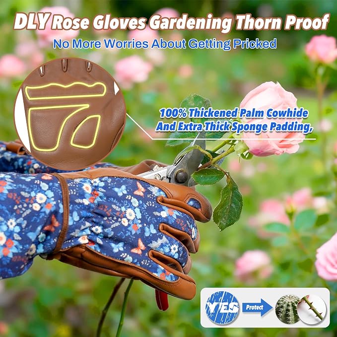 DLY Gardening Gloves for Women, Rose Gloves Thorn Proof, Long Garden Gloves for Women, Breathable Cowhide (Small, Brown)
