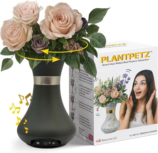 Interactive Robotic Charcoal Black Vase for Flower Bouquets | Bluetooth Capable, Touch Sensitive Floral Holder | Record a Message for Mother's Day, Birthdays, Anniversaries | 6x9 Inches