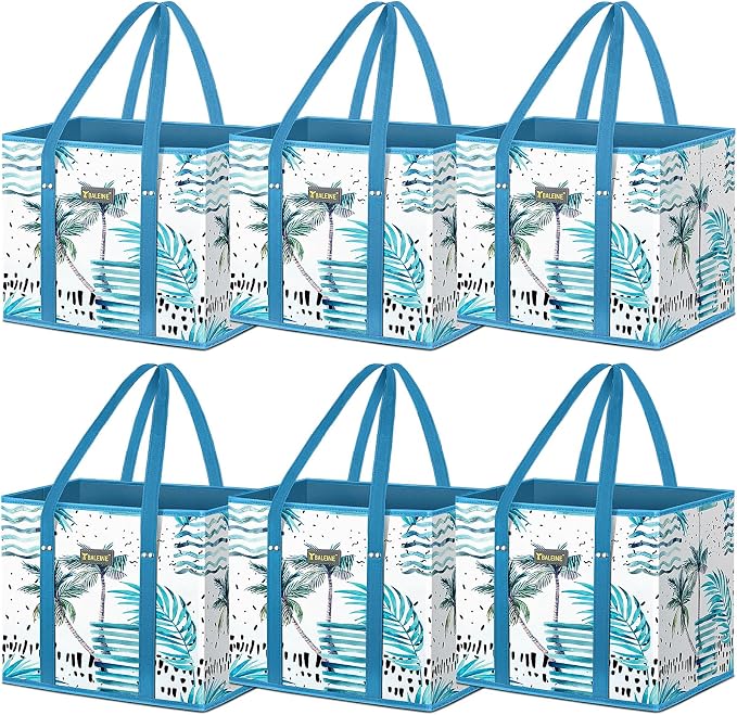 BALEINE 6Pk Reusable Grocery Bags, Foldable Shopping Bags for Groceries with Reinforced Bottom & Handles (Island Breeze)