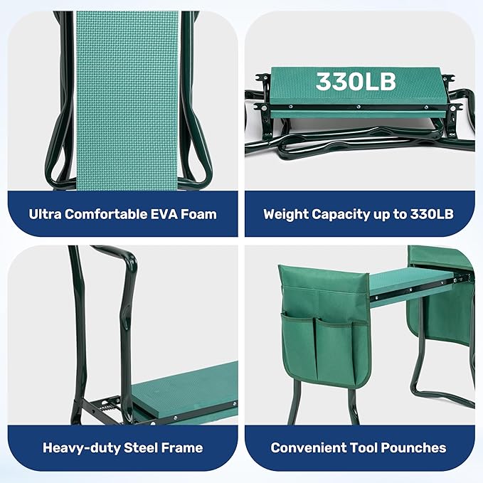 InfiniPower Garden Kneeler and Seat, Foldable Kneeling Bench with Sturdy Soft EVA Foam Pad, Hold Up to 330lb, 2 Tool Pouches Included, for Gardening, Fishing, Camping, Green